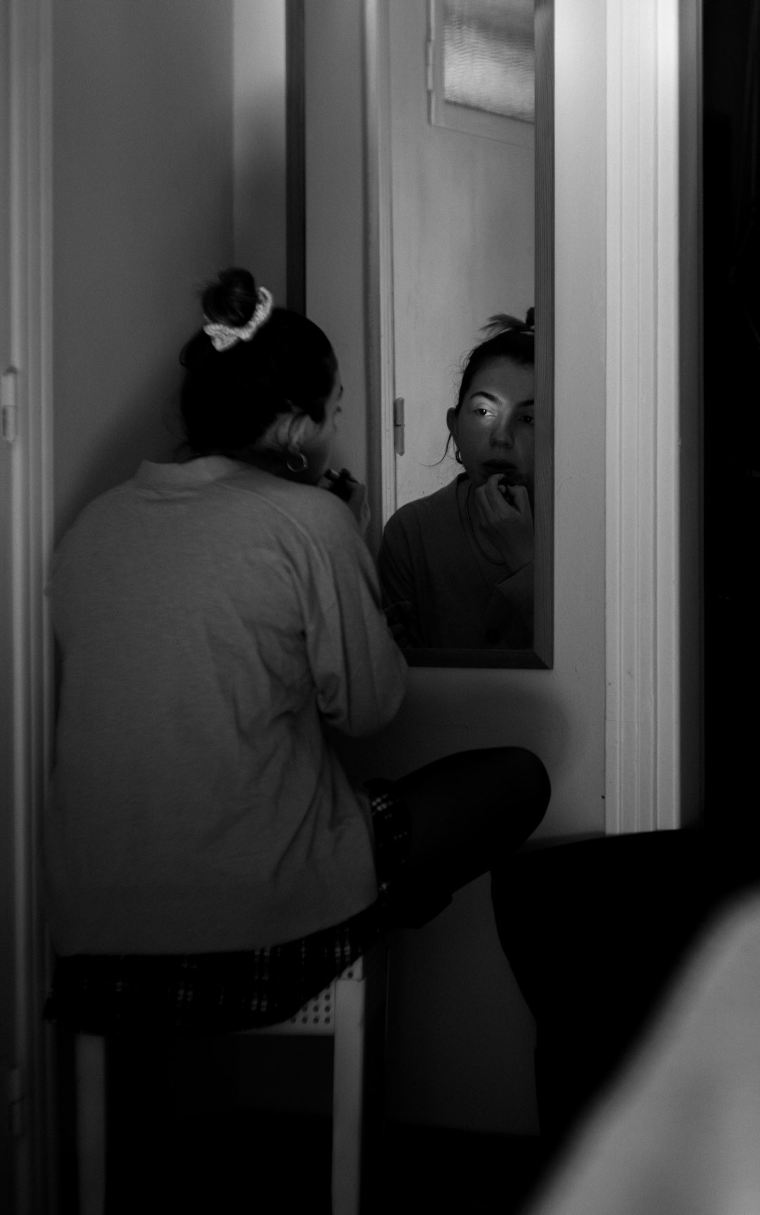 person practicing speech in mirror