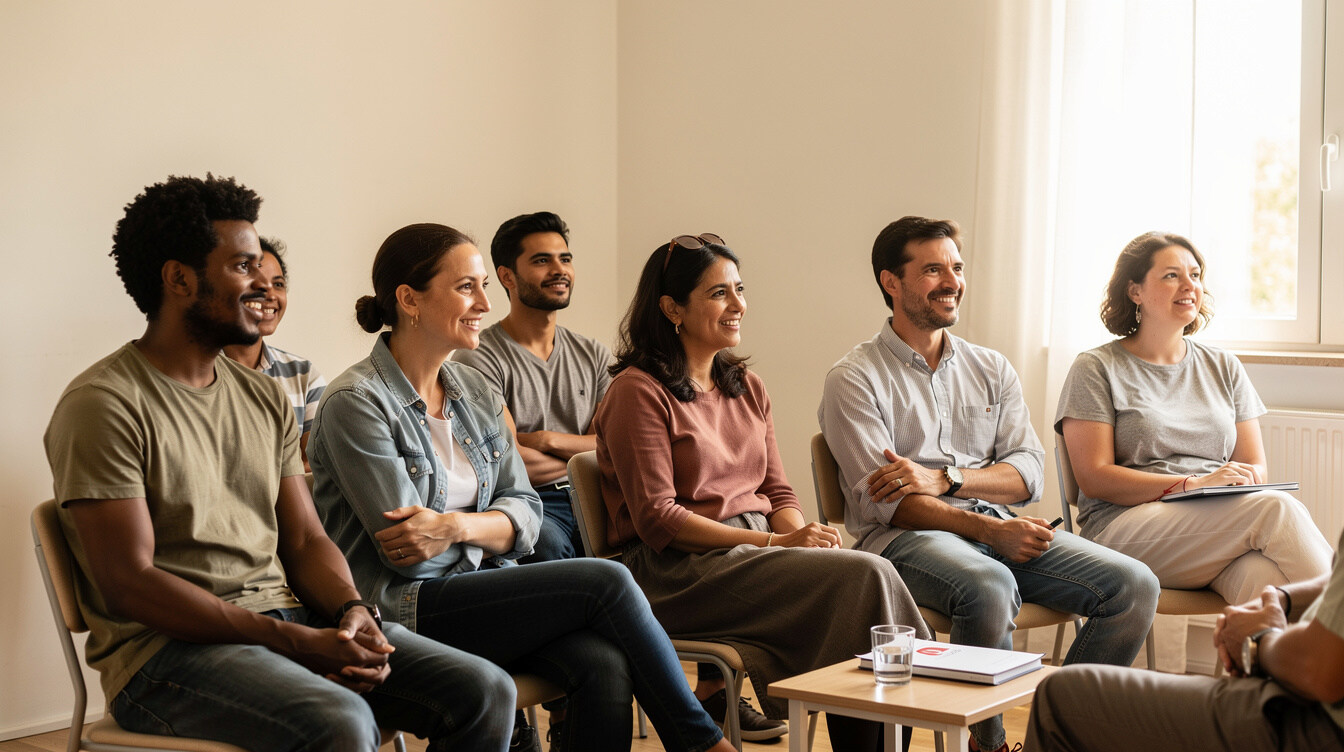 Small group of Brazilian people gathered in a room during a reflective talk