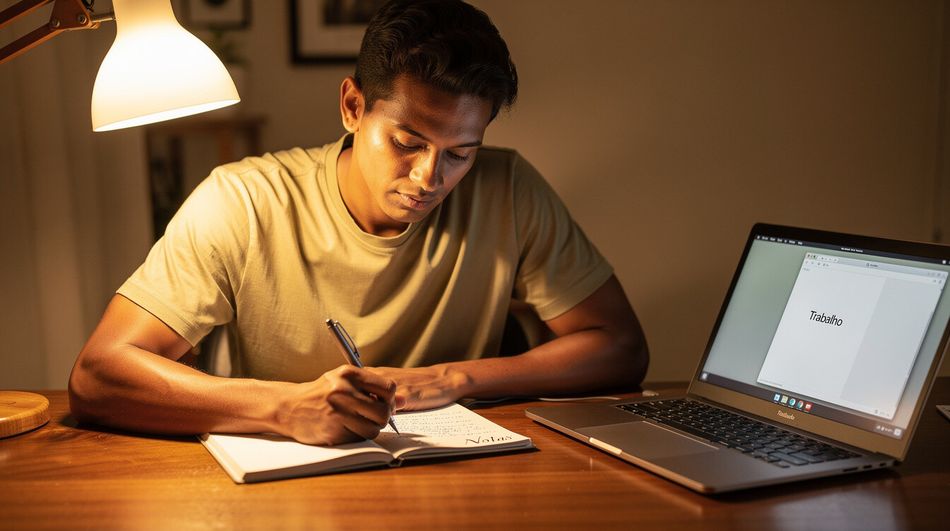 Brazilian person writing in a notebook while using a laptop
