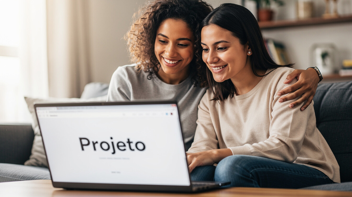 Two Brazilian people smiling while looking at a laptop together