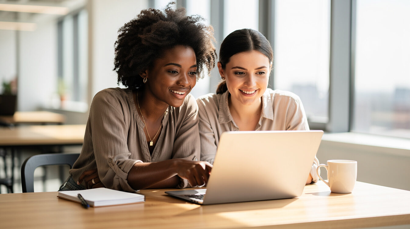 Two Brazilian women collaborating around a laptop at a table